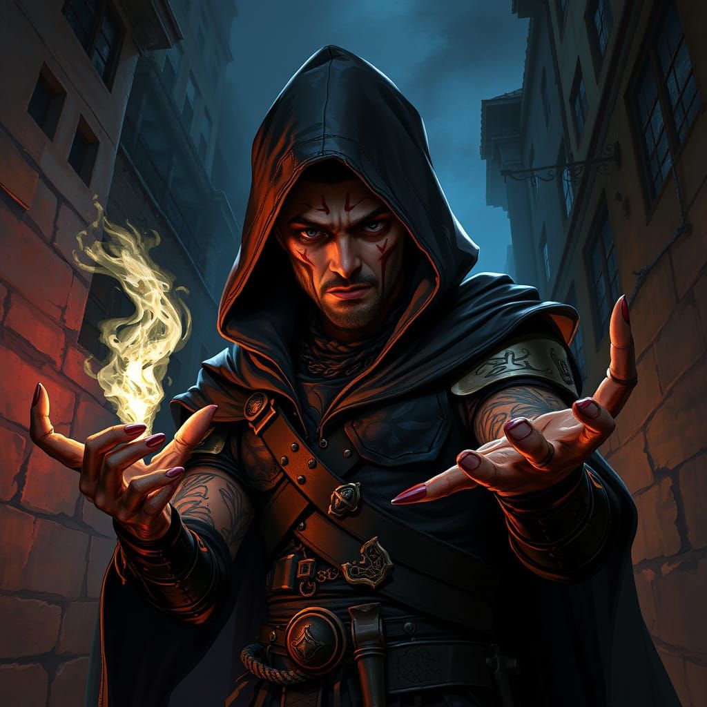 Shadowy Shadar-Kai Sorcerer Casting Spell in Mystical Alleyw...