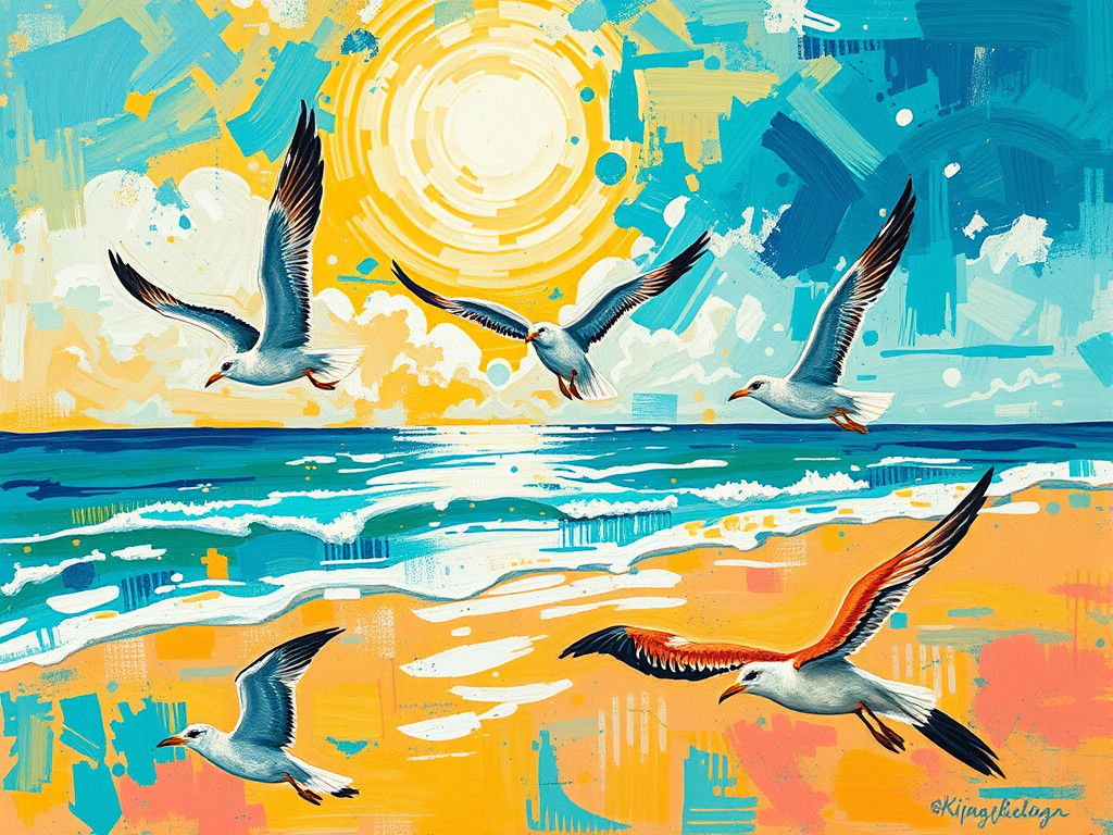 Tropical Beach with Gulls in Abstract Expressionist Style