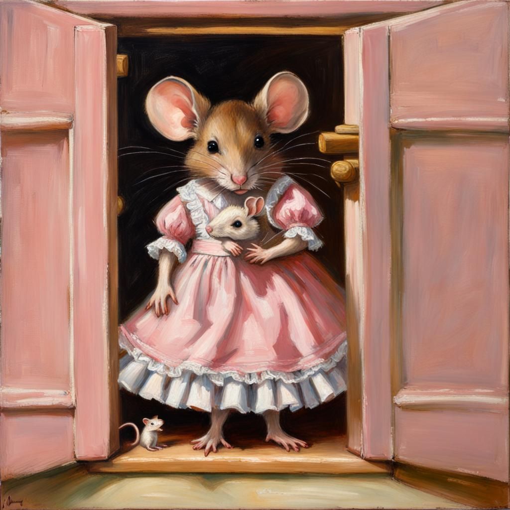 Mouse Mother and Baby in Dollhouse, Oil Painting