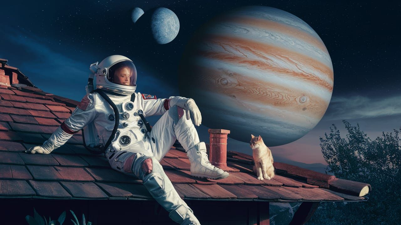 Astronaut Contemplates Jupiter's Moons Under Starry Night Sk...