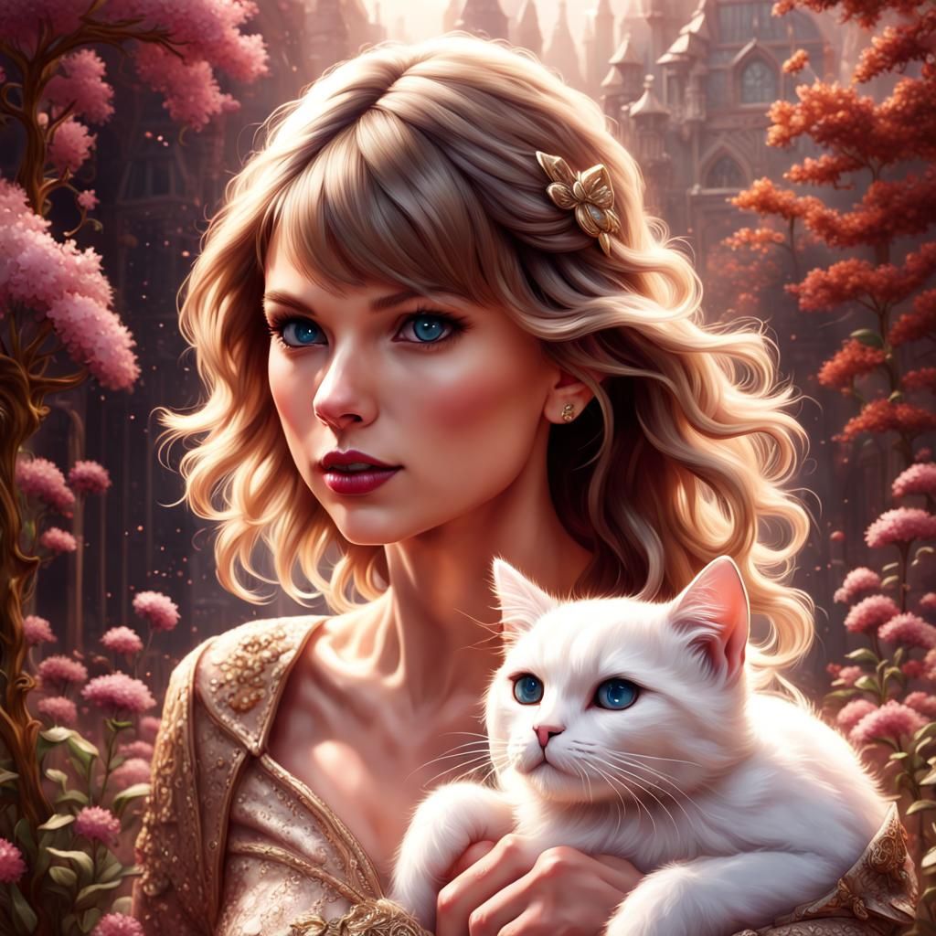 Taylor Swift as Cat Holding Kitten: Detailed Digital Art