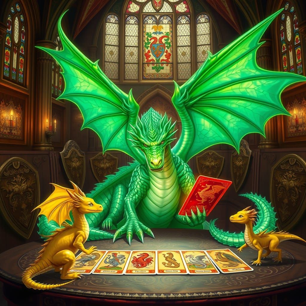 Glowing Green Dragon Studies Ancient Tarot Card Spread in Gr...