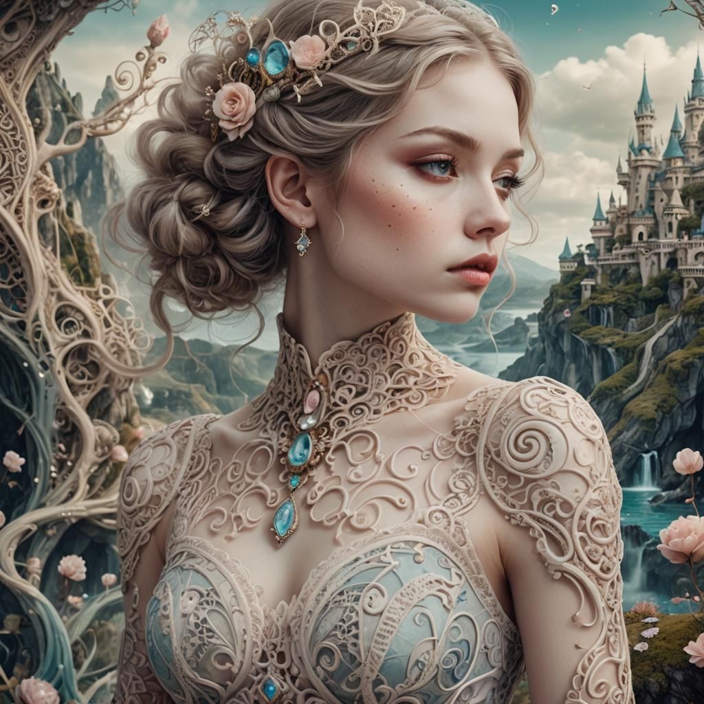 Porcelain Woman in Dreamlike Doodle Worlds: Art Nouveau Port...