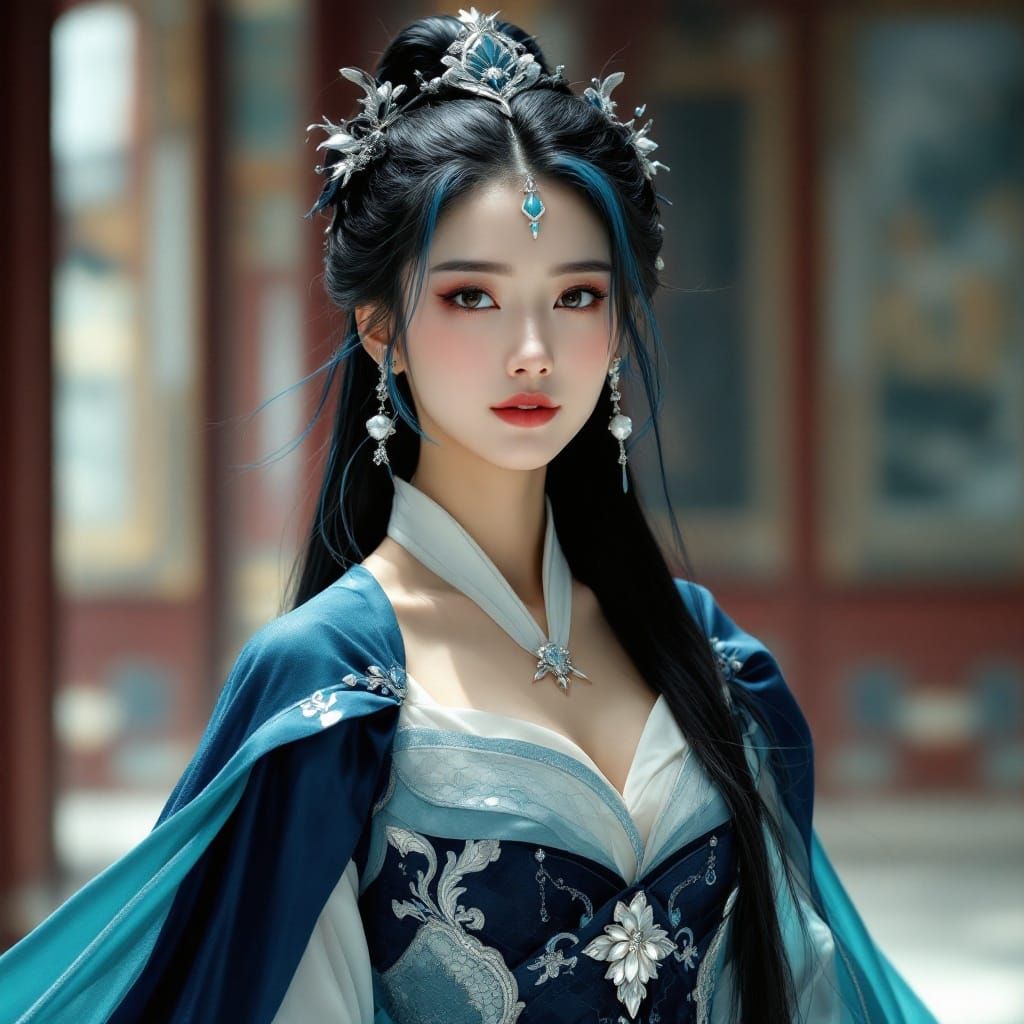 Korean Fantasy Princess in Regal Hanbok Attire with Celtic I...