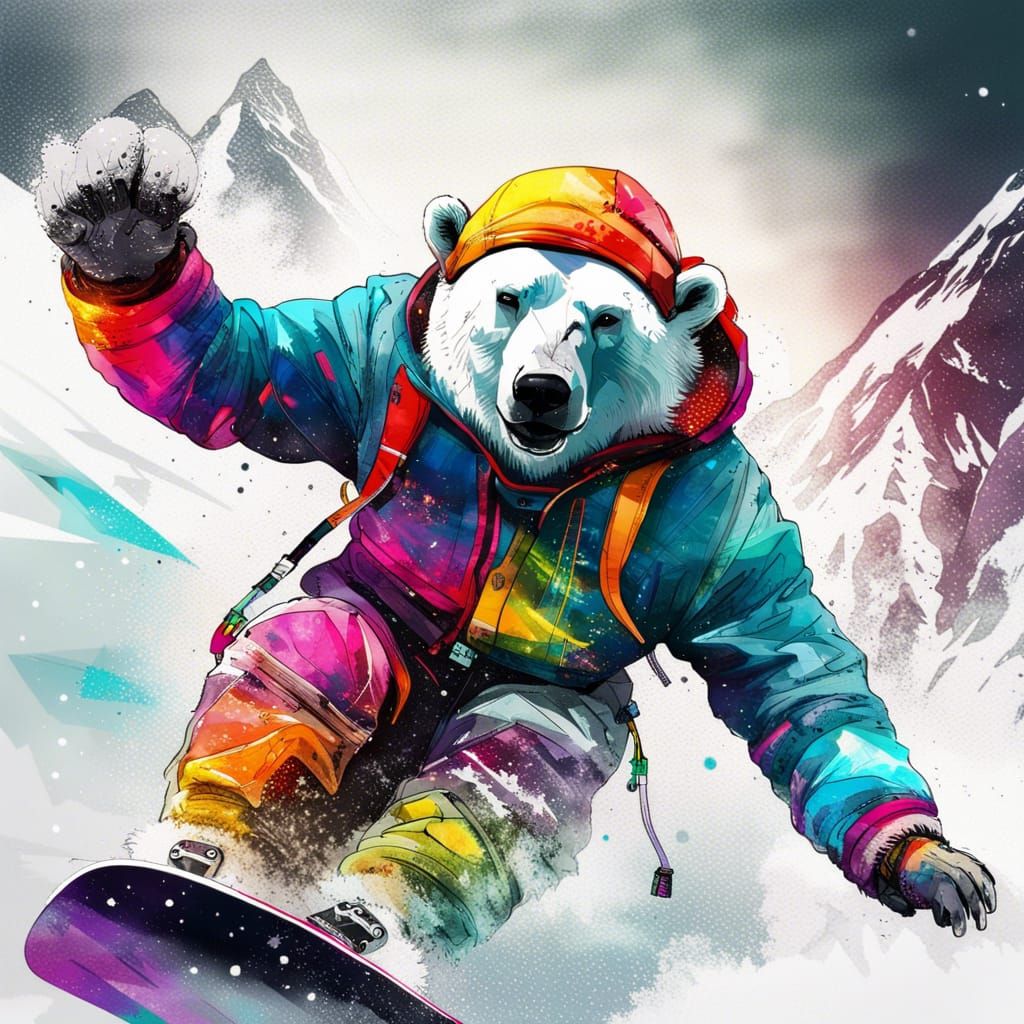 Polar Bear Snowboarding in the Mountains