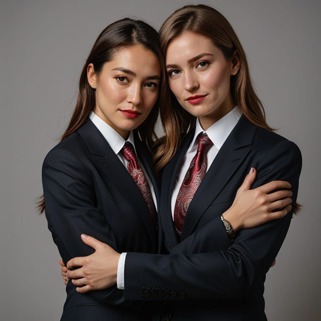 Women in Red Paisley Ties Share a Tender Moment in Business ...