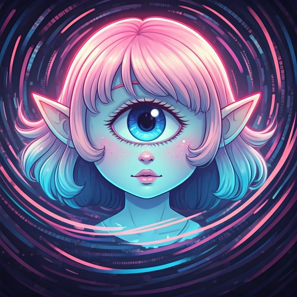 Dreamy Futuristic Girl in Neon Glitchy World