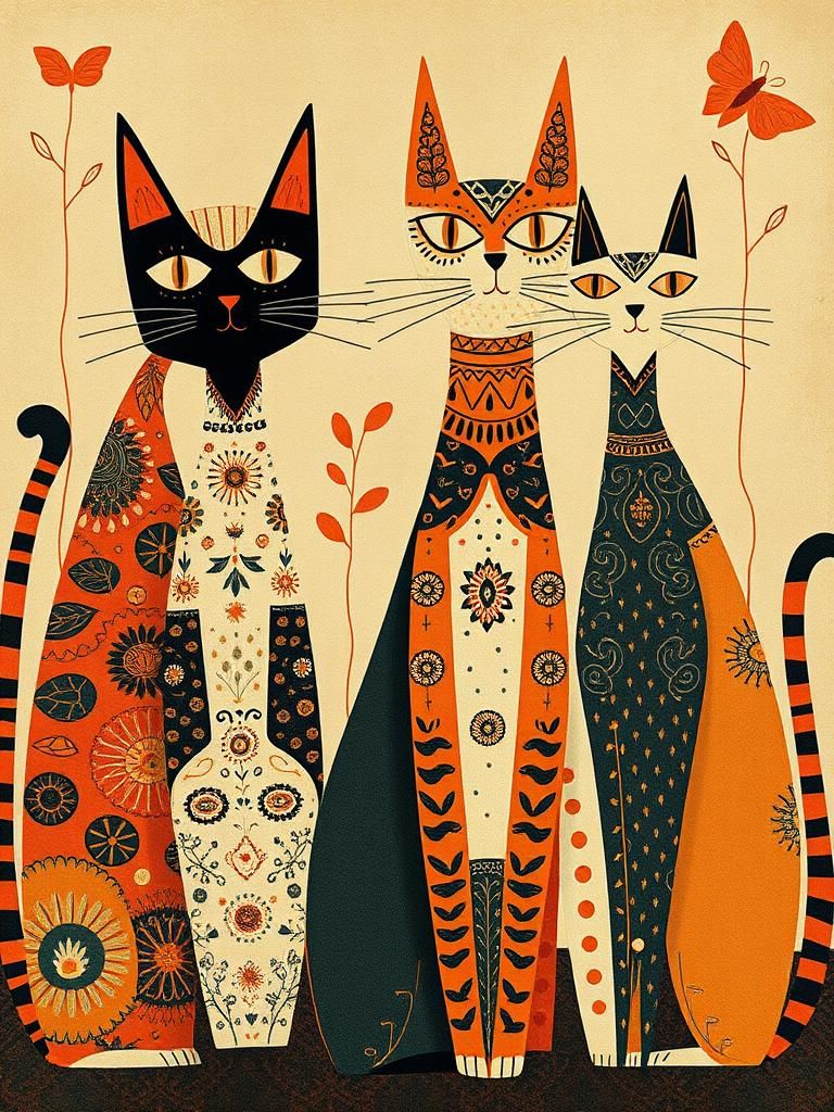 Whimsical Abstract Cats with Intricate Textile Patterns