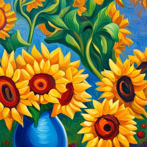 China Cat Sunflower: Neo-Impressionist Oil Painting