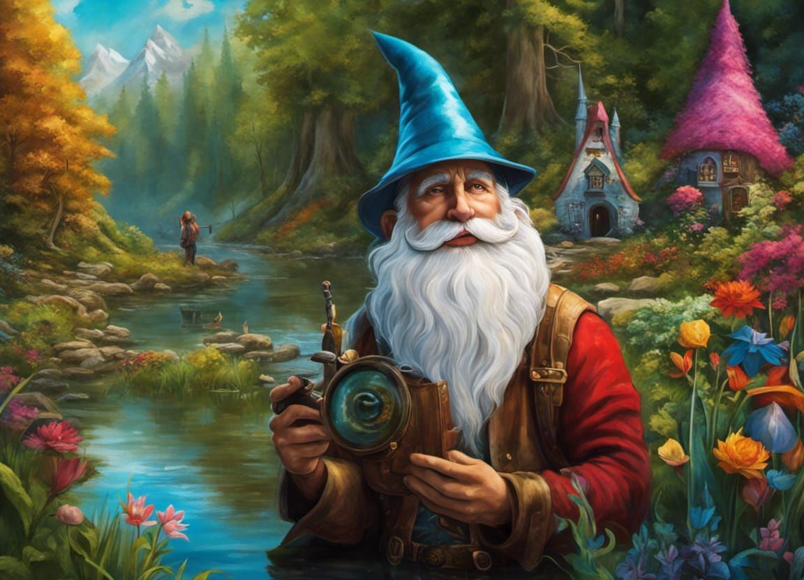 Selfie with Gnome at Pond: Vibrant Digital Art