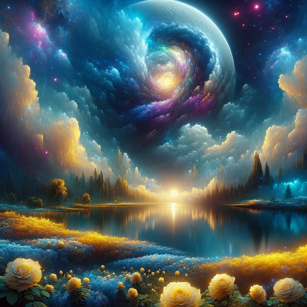 Ethereal Lake with Yellow Roses Under Galaxy Sky
