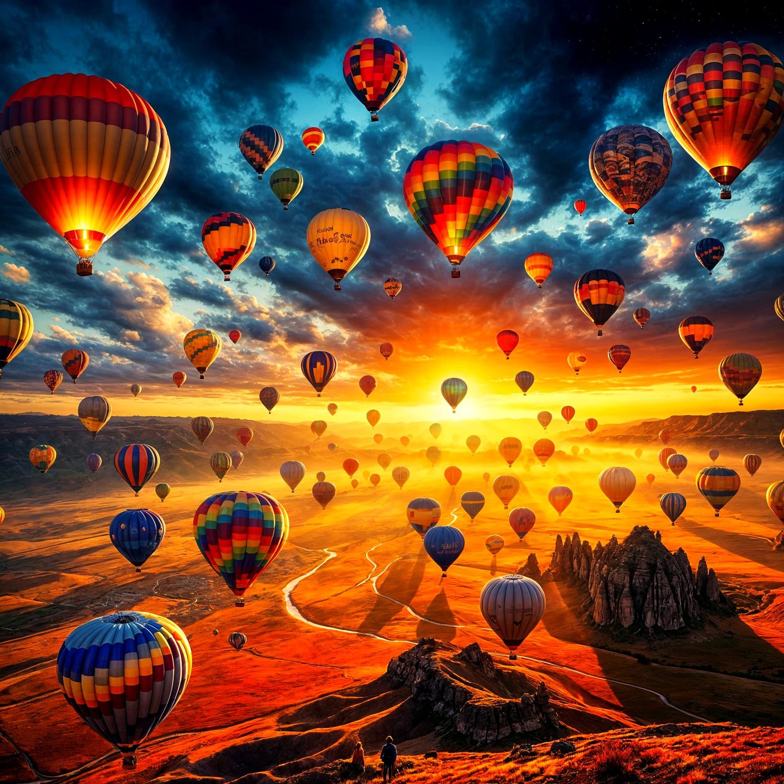 Dawn's Vibrant Balloon Spectacle Over a Golden Valley
