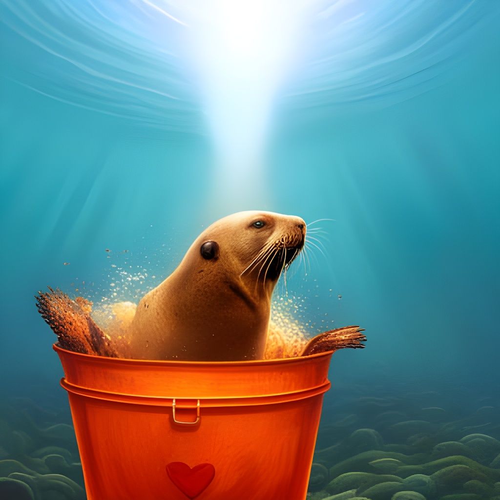A sea-lion in a bucket of water