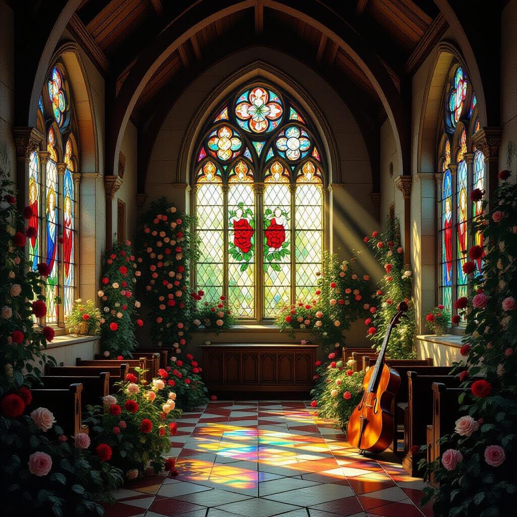 Medieval Church with Roses, Pre-Raphaelite Style