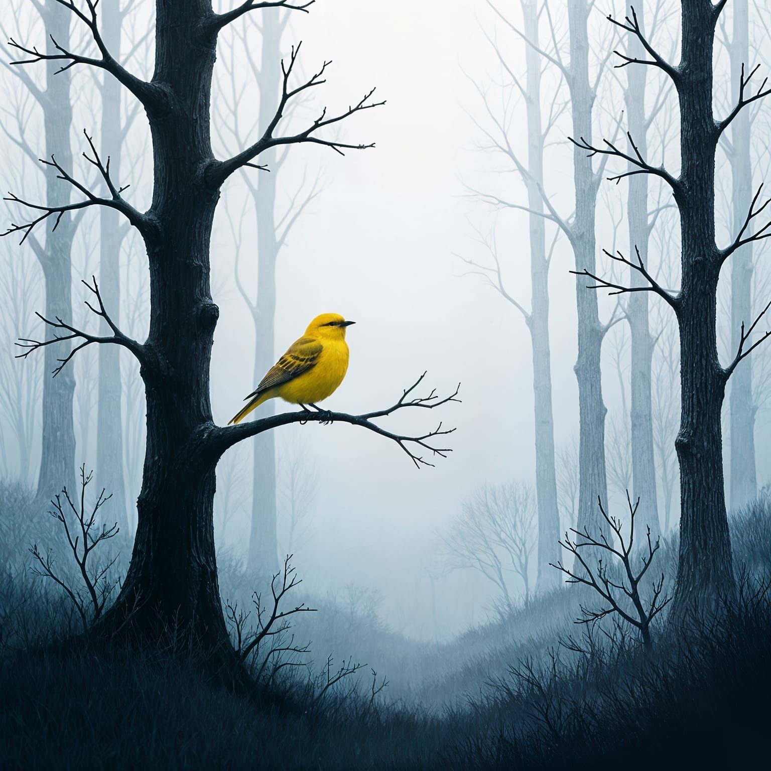 Minimalist Winter Forest with Yellow Bird: Charcoal Drawing