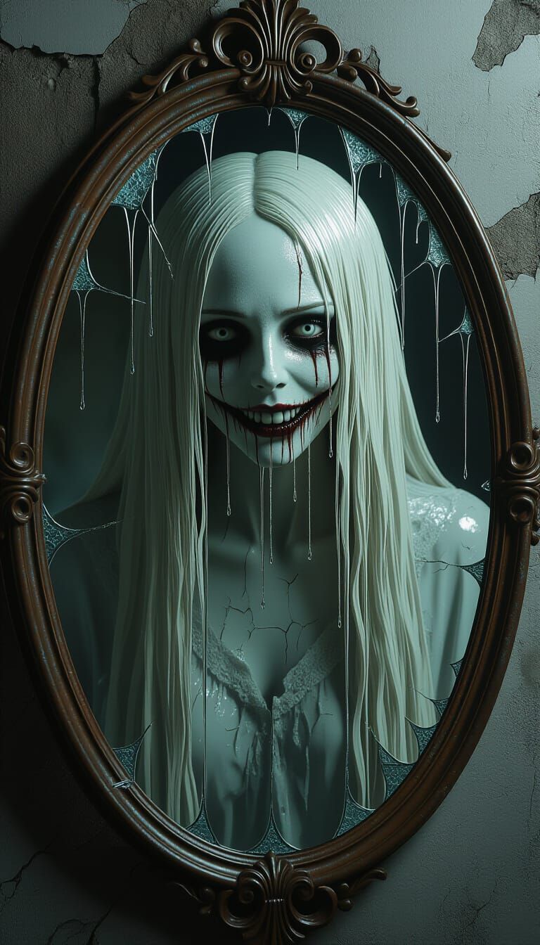 Pale Ghost Apparition in Cracked Mirror