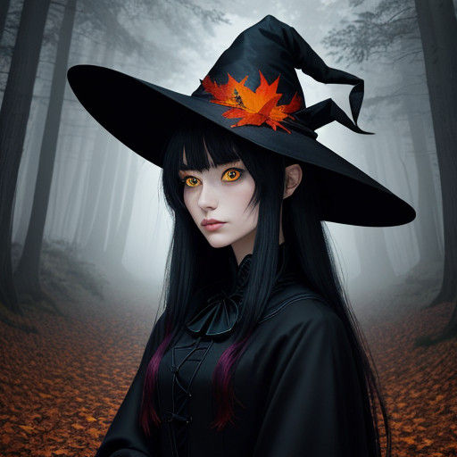 Vibrant Witch in Autumn Forest