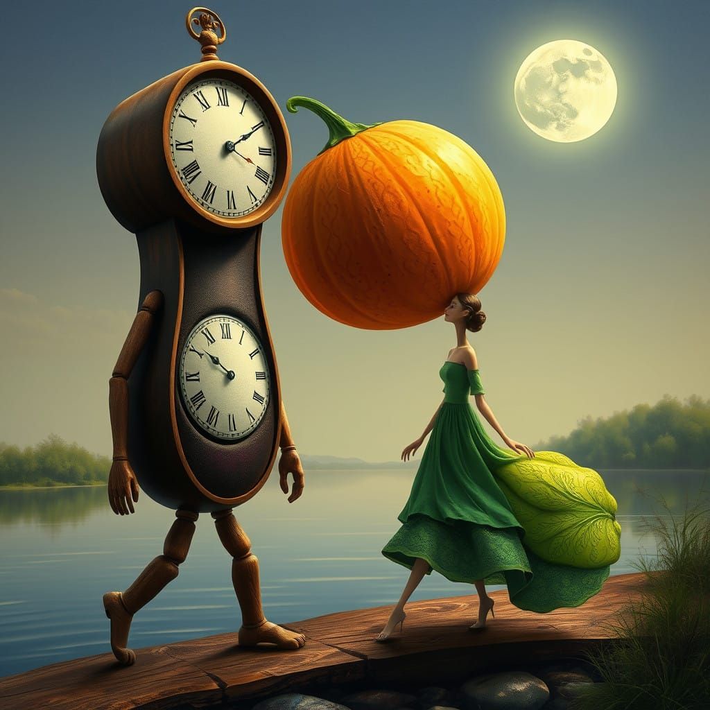 Ethereal Clock Gentleman Strolls by River with Eggplant Comp...