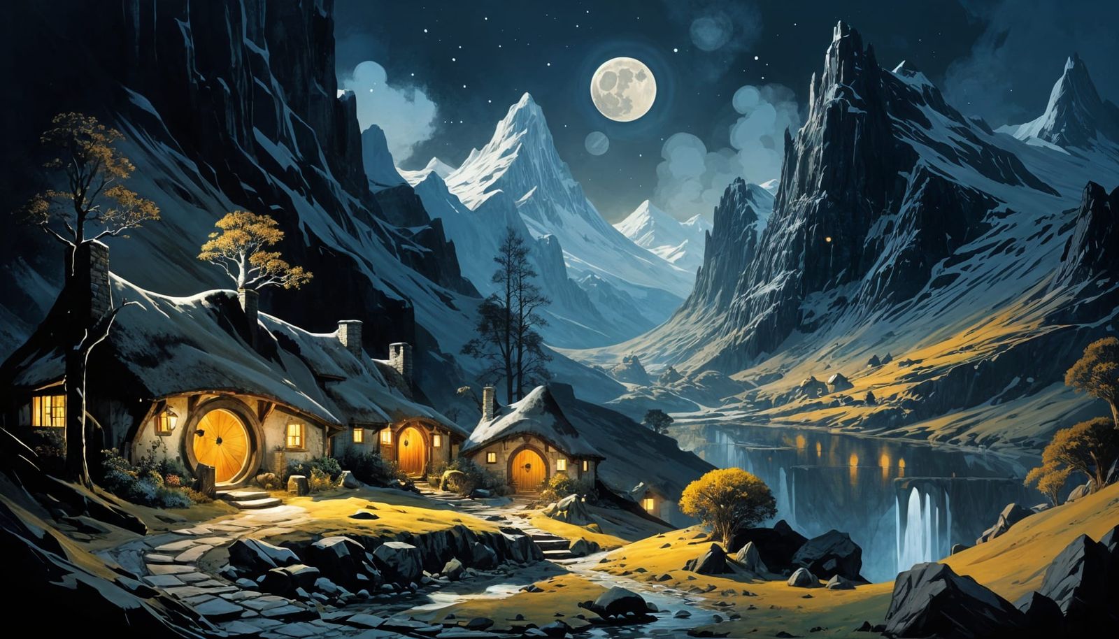 Moonlit Hobbit Village in Rocky Mountain Valley