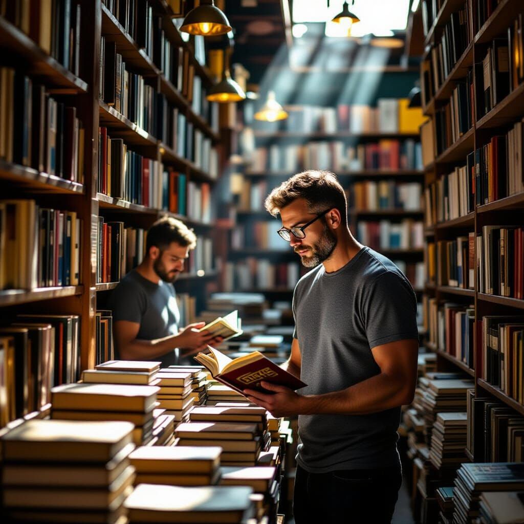 Attractive Man Browses Books in Sunlit Second-Hand Shop