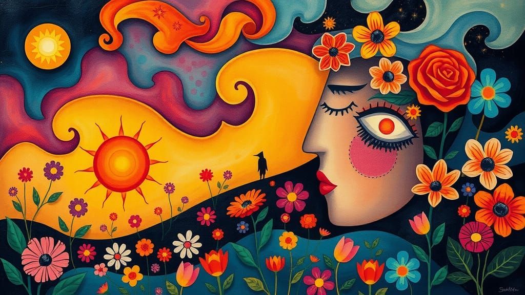 Abstract Neoplastic Wonderland of Faces and Flowers