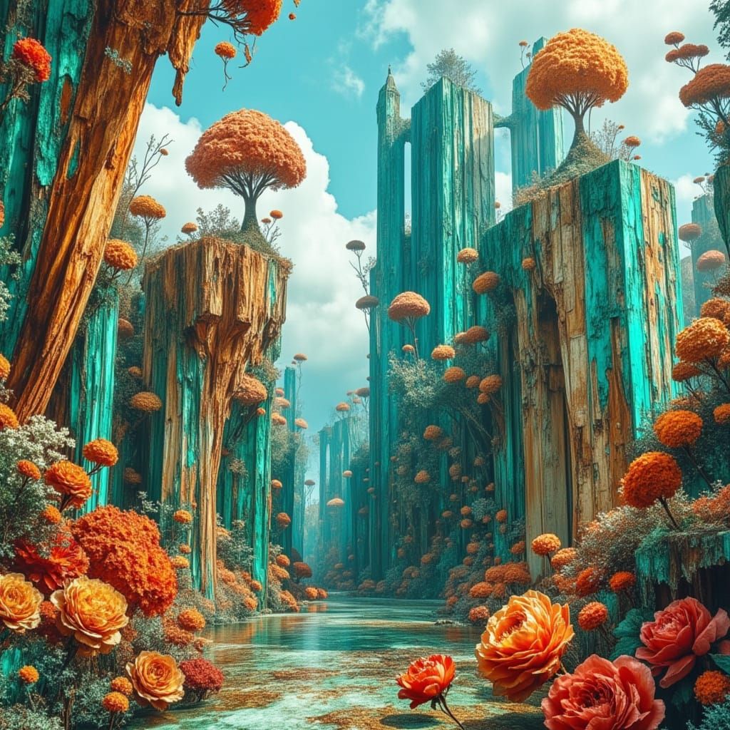 <lora:DreamweaverFlux:1.0> a fantastical world with vibrant ...