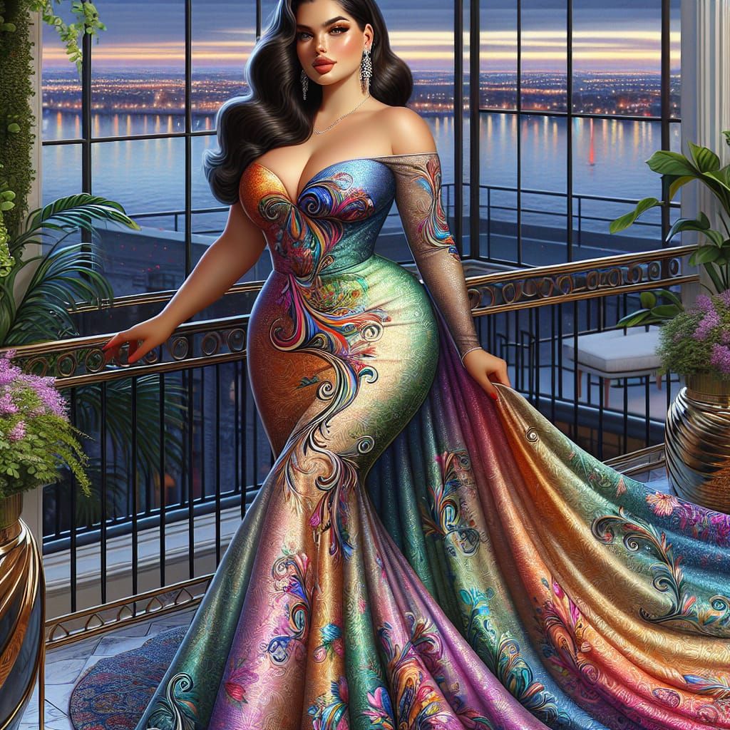 Regal Woman in Rainbow Dress Oil Painting