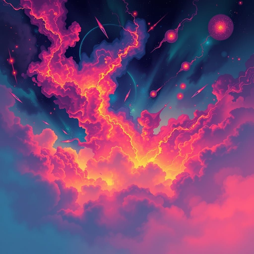 Neon Nebulae Swirling in Evening Fog - Comic Book Style