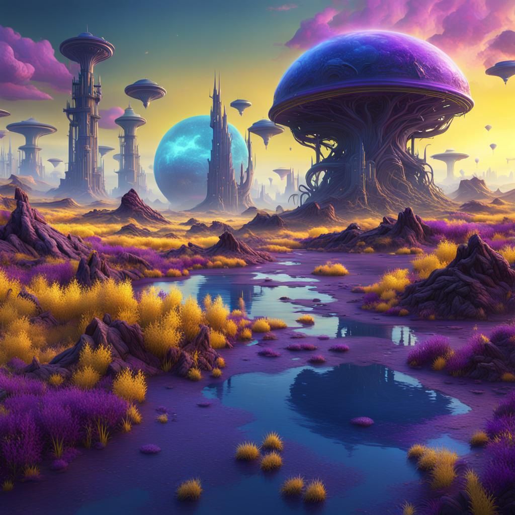 Alien Farm World with Colorful Sky, Detailed Matte Painting