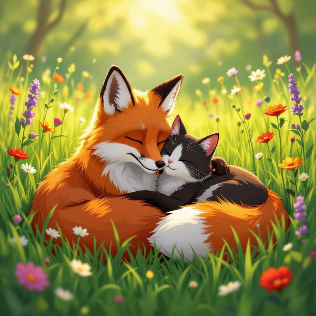 Fox and Cat Snuggle in Ghibli Anime Style