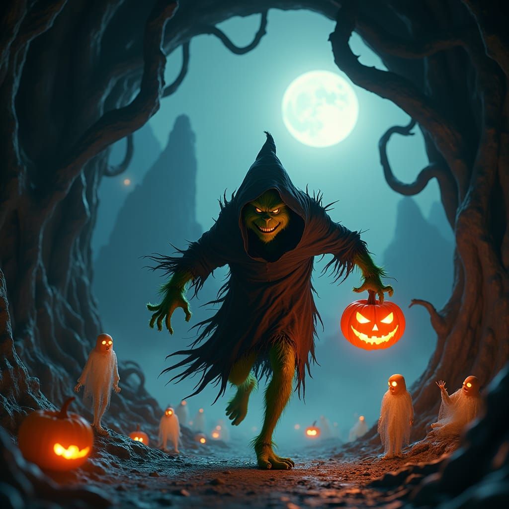 Grinch's Halloween Heist in Matte Painting Style