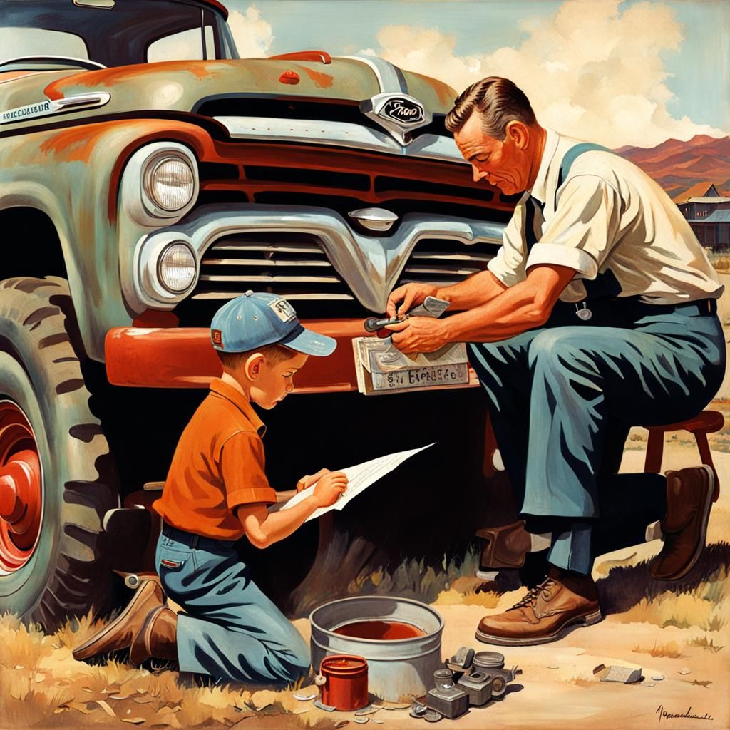 Father and Son Repairing Truck in Rockwell Style