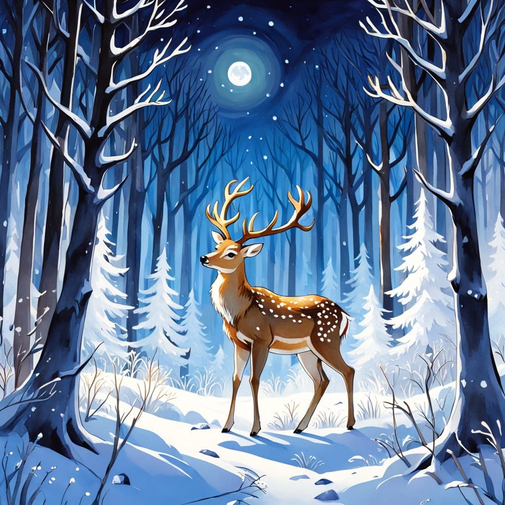 Moonlight Deer in Winter Forest, Watercolor Style