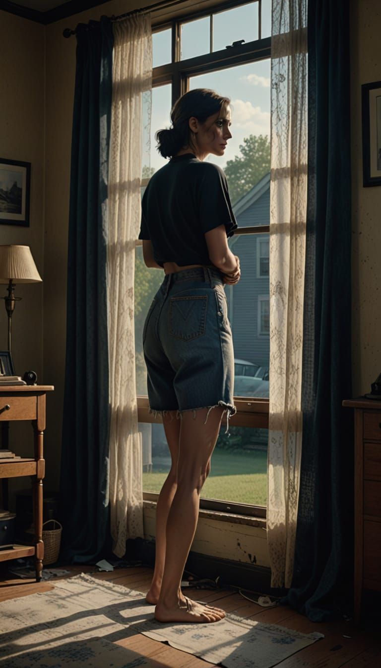 Barefoot Woman Attends to Window Curtains in Soft Light