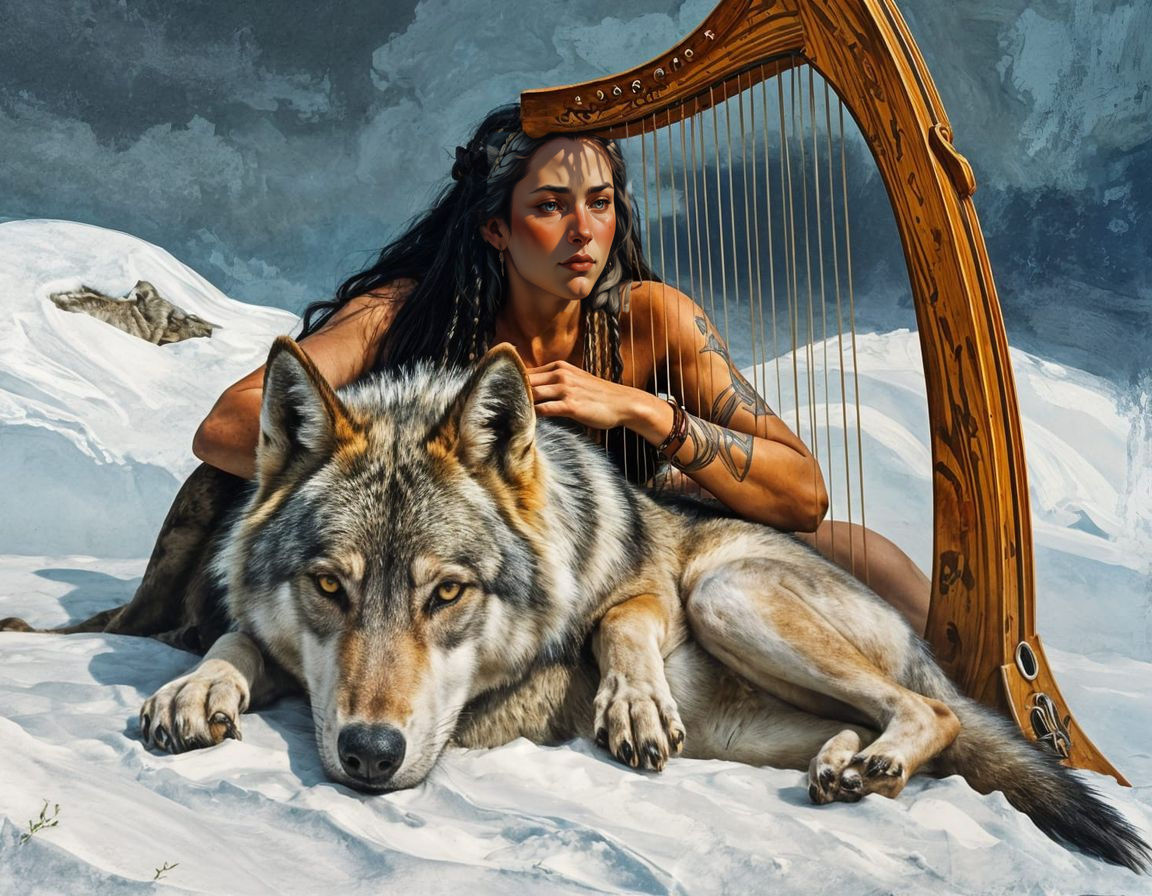 Grey Wolf Rests Head on Ancient Harp, Ice Age Woman Behind