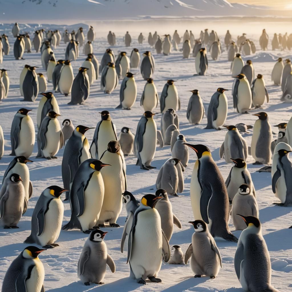 Emperor Penguins Feeding Chicks in Antarctic Landscape