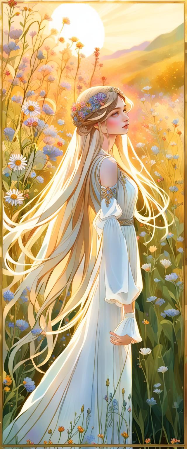 Woman in Long White Dress in a Meadow