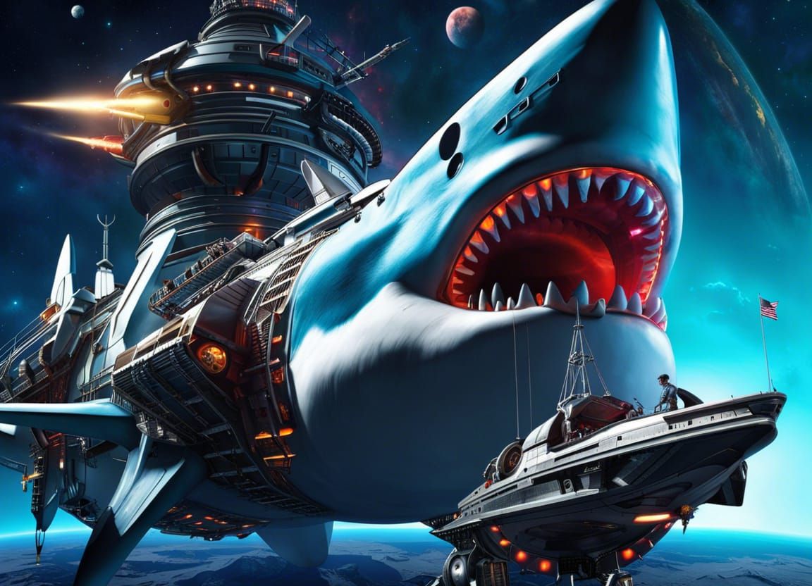 Giant Robot Shark Pirate Ship in Space
