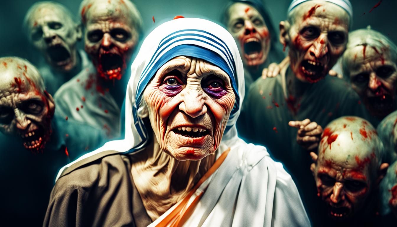Hyperrealistic Lomo Photo: Angry Mother Teresa at Zombie Par...