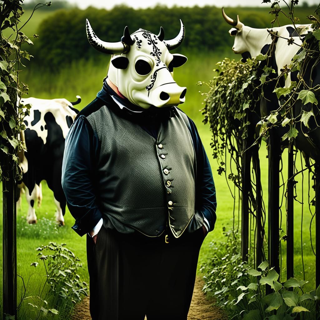 Ornate Cow Masked Man Talks to Cows