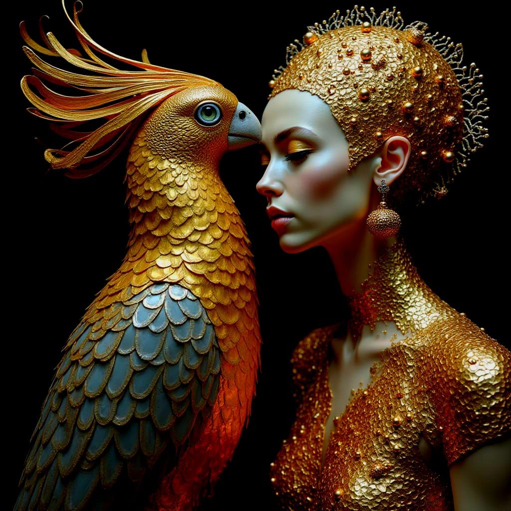 Hyperrealist Cockatoo-Woman Adorned in Metallic Shine