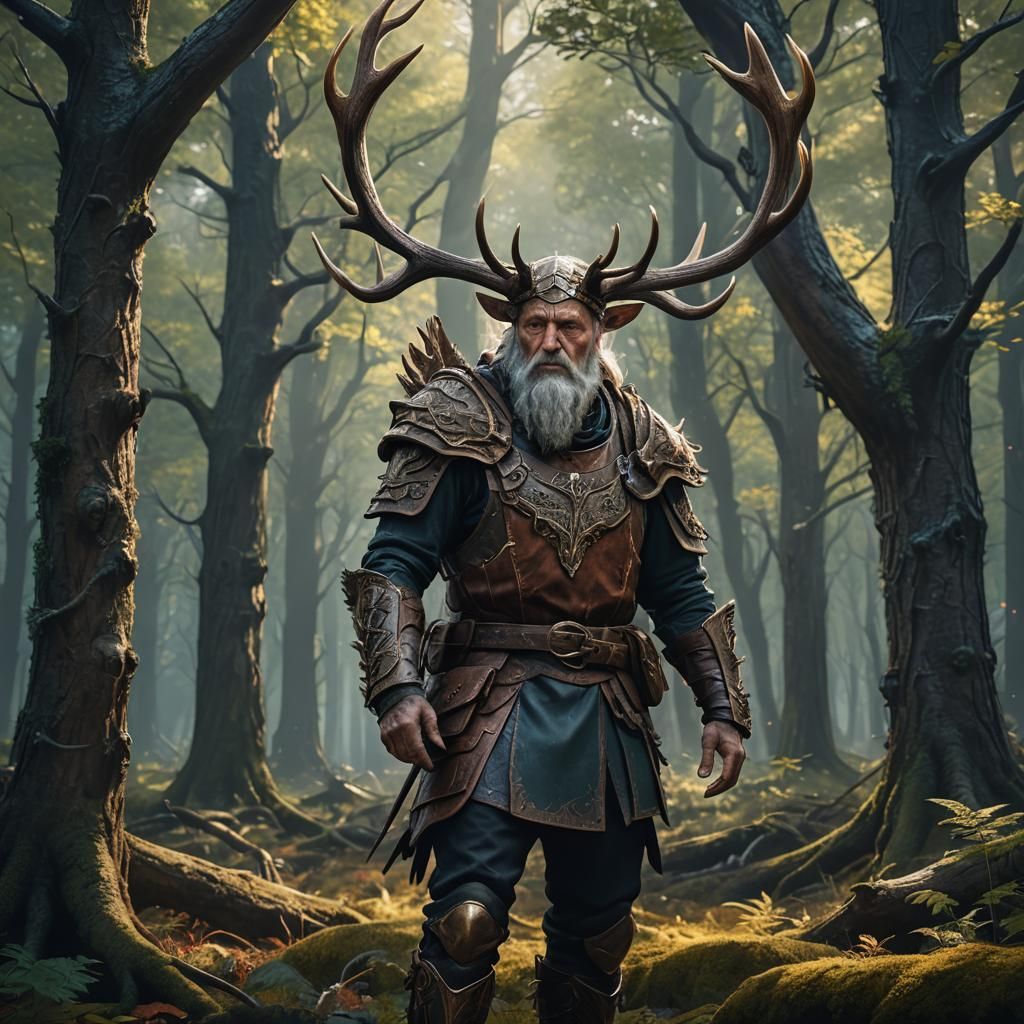 Elk Antlered Man in Sylvan Forest, Matte Painting