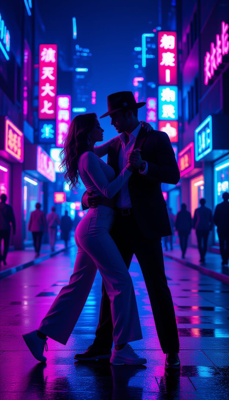 Cyberpunk Couple Dancing in Neon Street