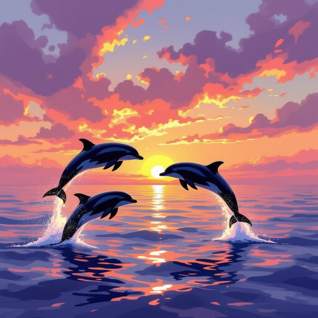 Dolphins Leap Over Shimmering Sea at Sunset
