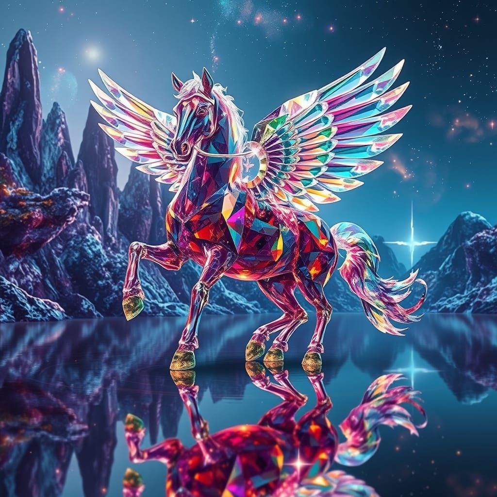 Crystal Winged Horse Radiating Light in Fantasy Realm