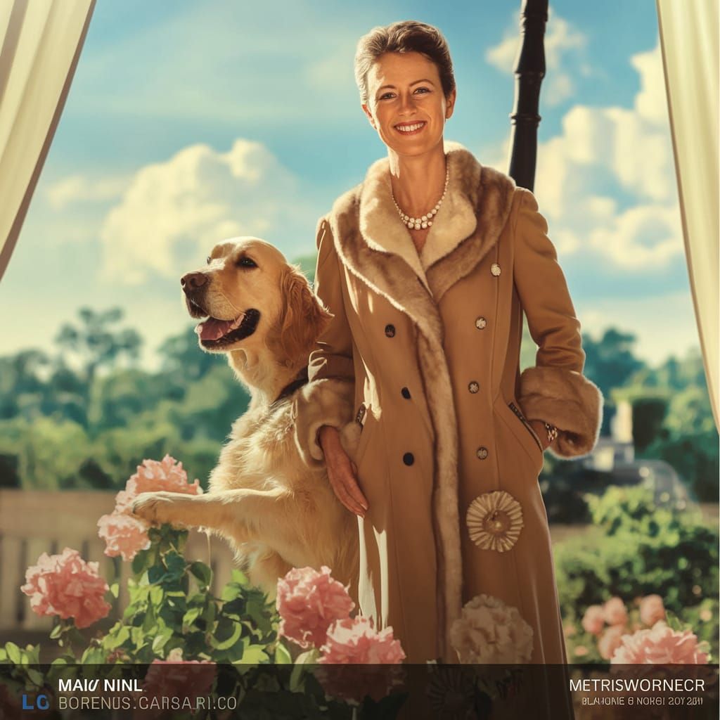 Elegant Lady in Mink Sable Coat with Adoring Golden Retrieve...