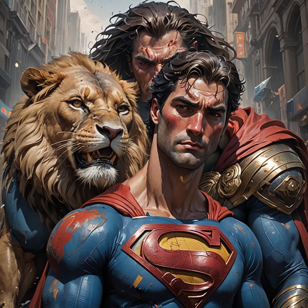 Superman Helping Lion-Headed Beggar, Detailed Digital Art