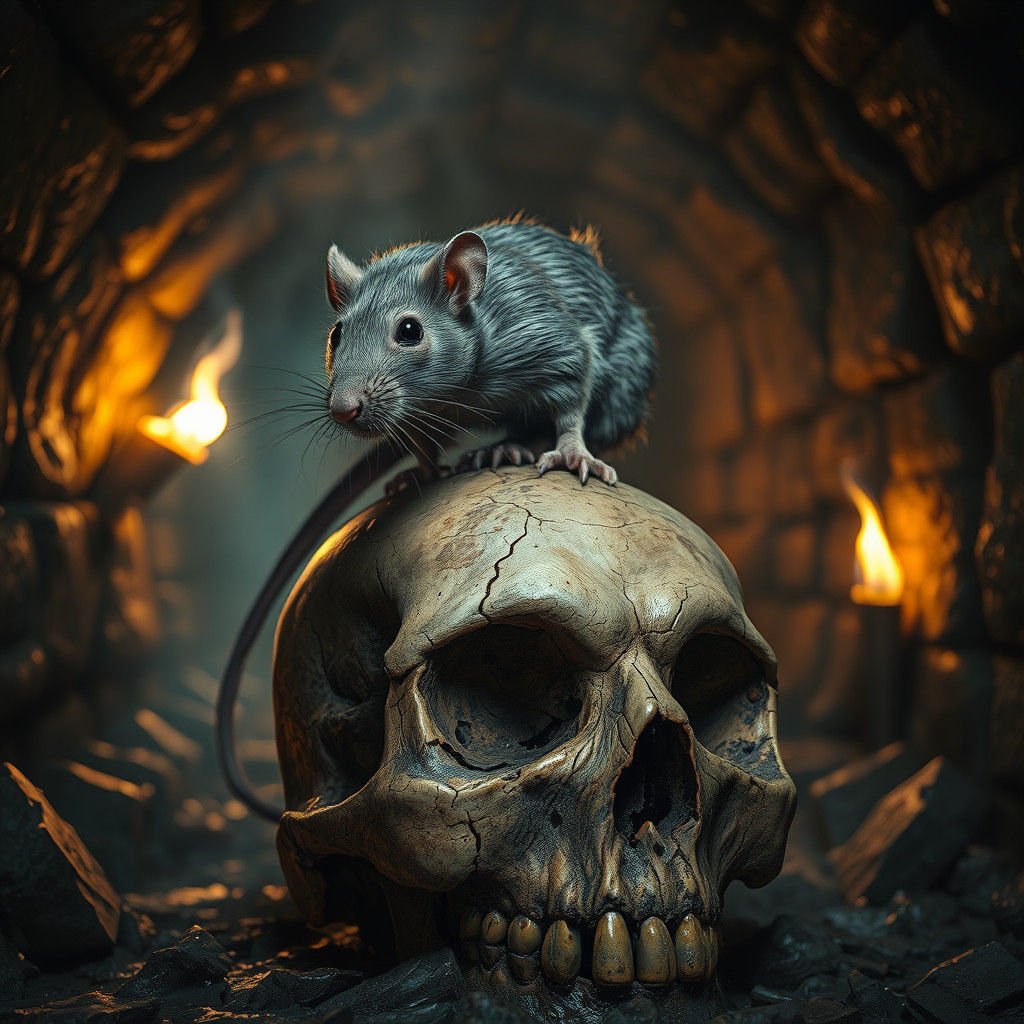 Rat King on Skull in Dimly Lit Sewer