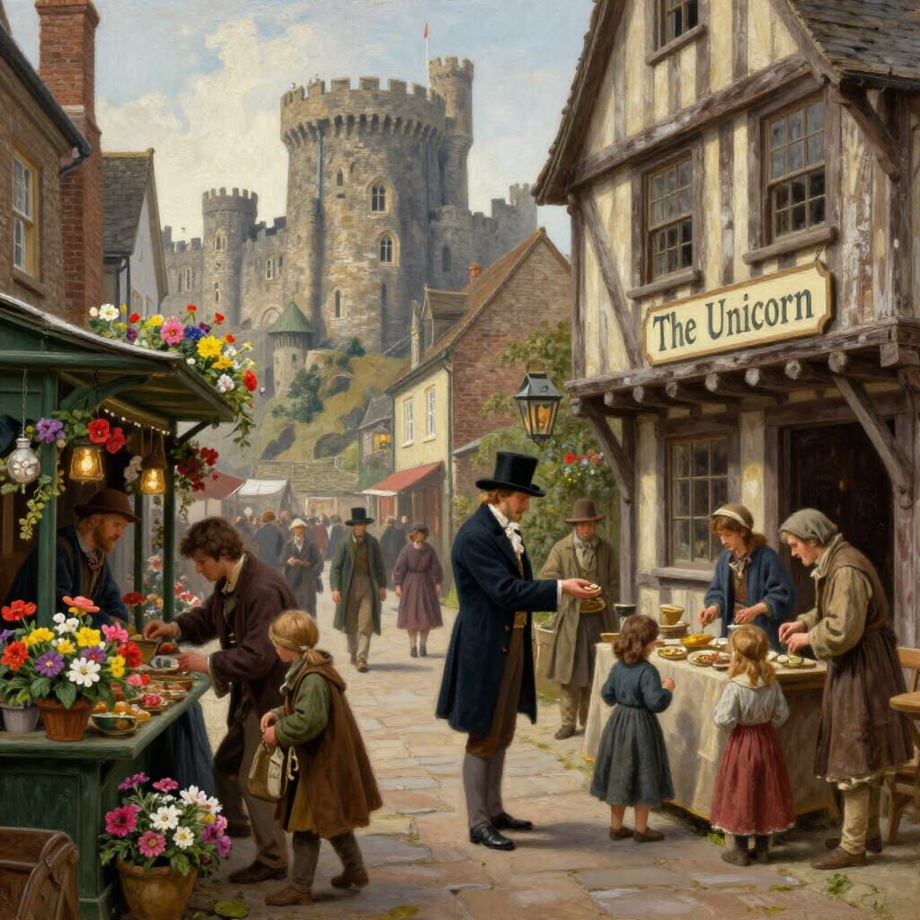 14th Century Street Scene With Merchants and Inn