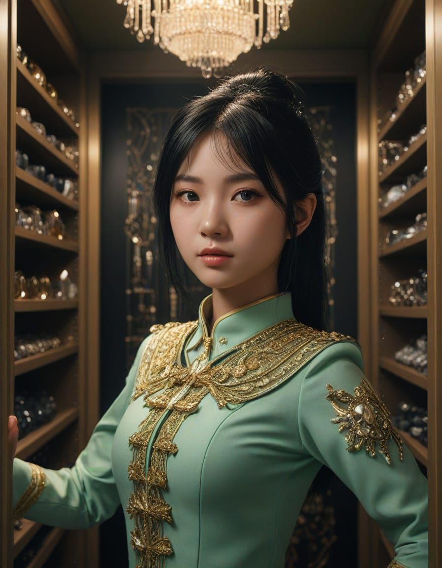 Japanese Girl Posing in Closet: Cinematic Art